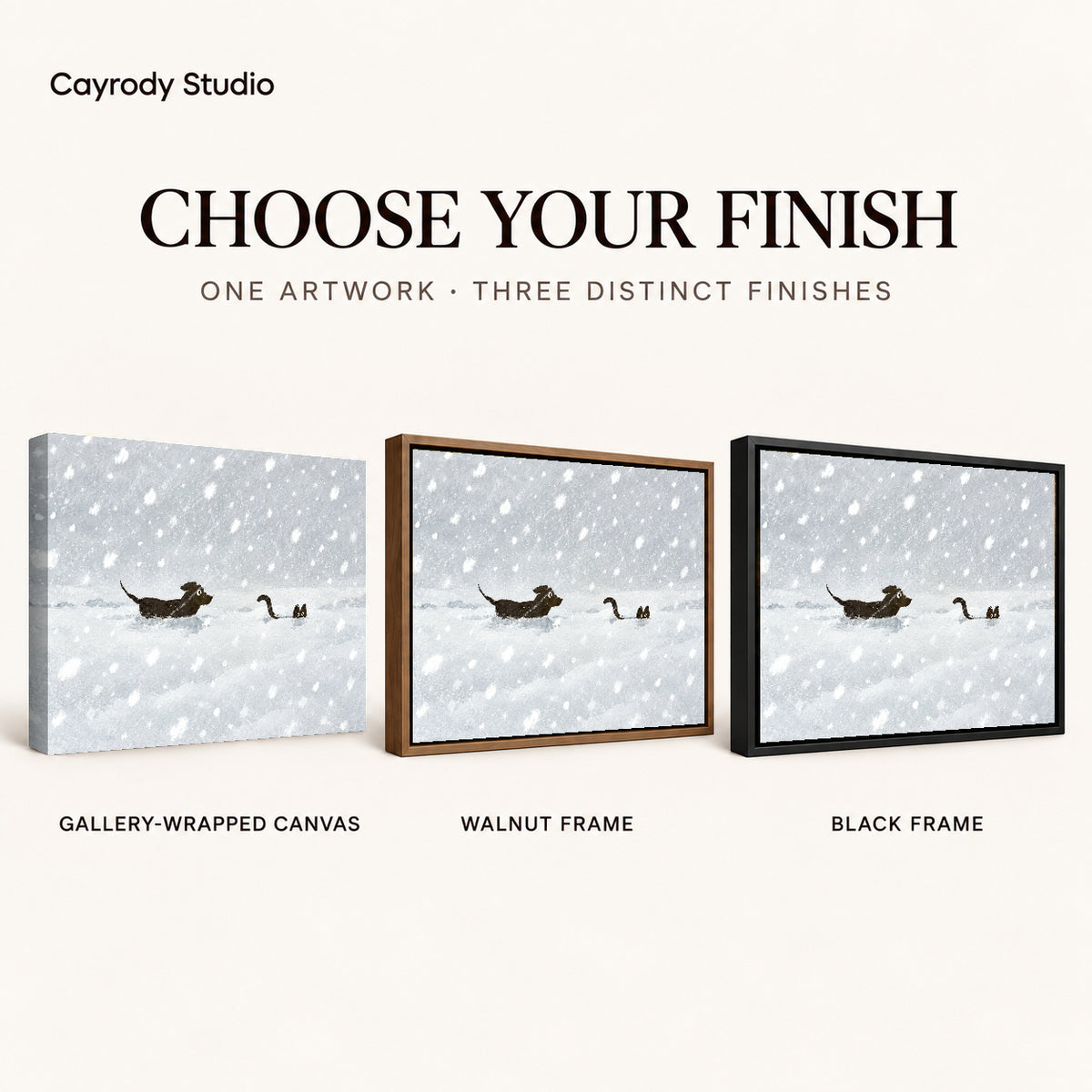 snow chase companions canvas art compared across gallery-wrapped canvas, walnut frame, and black frame finishes.