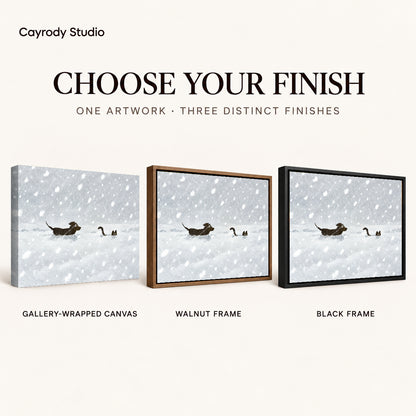 snow chase companions canvas art compared across gallery-wrapped canvas, walnut frame, and black frame finishes.