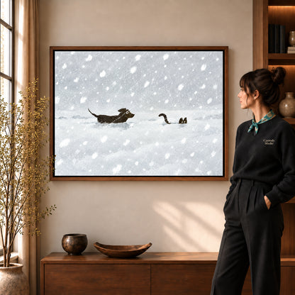 snow chase companions canvas art shown in the walnut frame option within a warm living room.