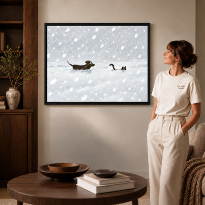 snow chase companions canvas art shown in the black frame option against a softly lit wall.