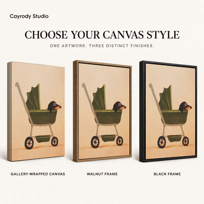 dachshund pram ride canvas art compared across gallery-wrapped canvas, walnut frame, and black frame finishes.