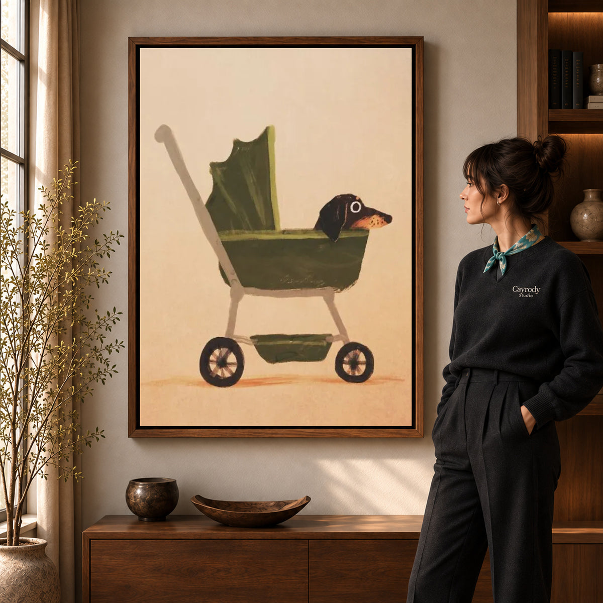 dachshund pram ride canvas art shown in the walnut frame option within a warm living room.