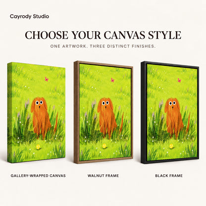 dog meadow daydream canvas art compared across gallery-wrapped canvas, walnut frame, and black frame finishes.