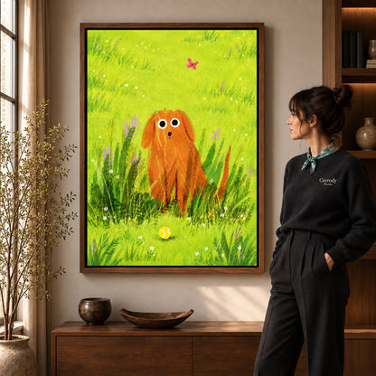 dog meadow daydream canvas art shown in the walnut frame option within a warm living room.