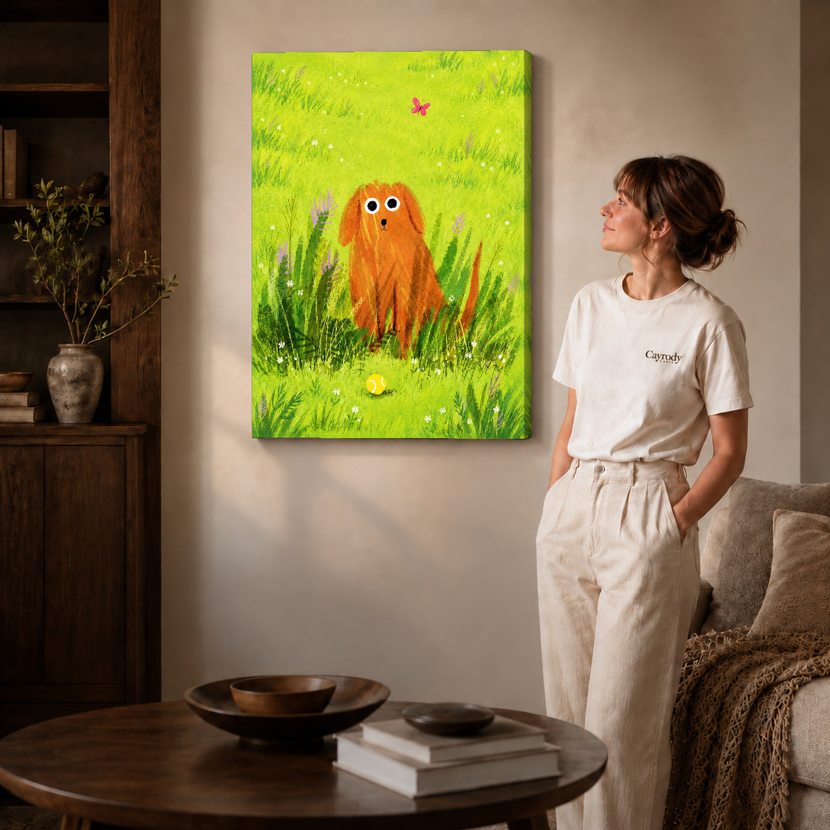 dog meadow daydream canvas art shown in the gallery-wrapped option with visible depth and warm surroundings.