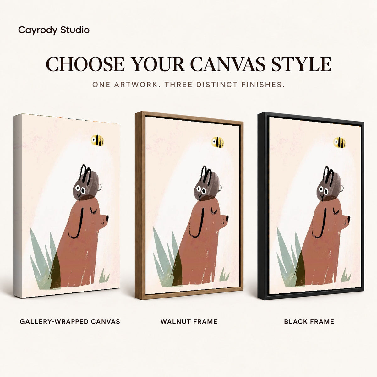 dog rabbit daydream canvas art compared across gallery-wrapped canvas, walnut frame, and black frame finishes.