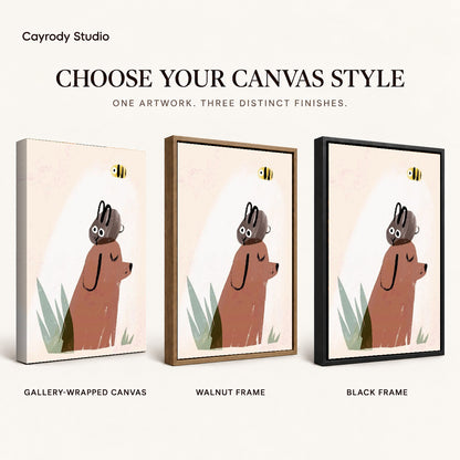 dog rabbit daydream canvas art compared across gallery-wrapped canvas, walnut frame, and black frame finishes.