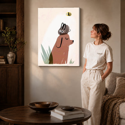 dog rabbit daydream canvas art shown in the gallery-wrapped option with visible depth and warm surroundings.