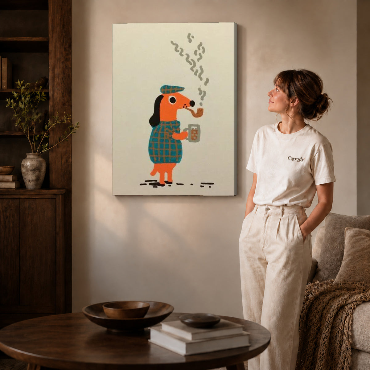 plaid pipe companion canvas art on gallery-wrapped canvas with natural edge shading beside a standing woman.