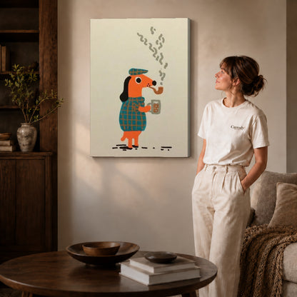 plaid pipe companion canvas art on gallery-wrapped canvas with natural edge shading beside a standing woman.