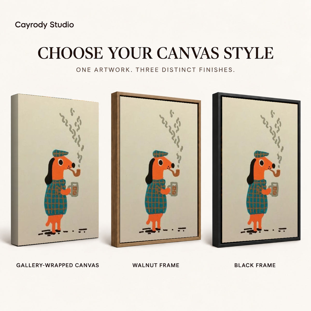 plaid pipe companion canvas art compared across gallery-wrapped canvas, walnut frame, and black frame finishes.