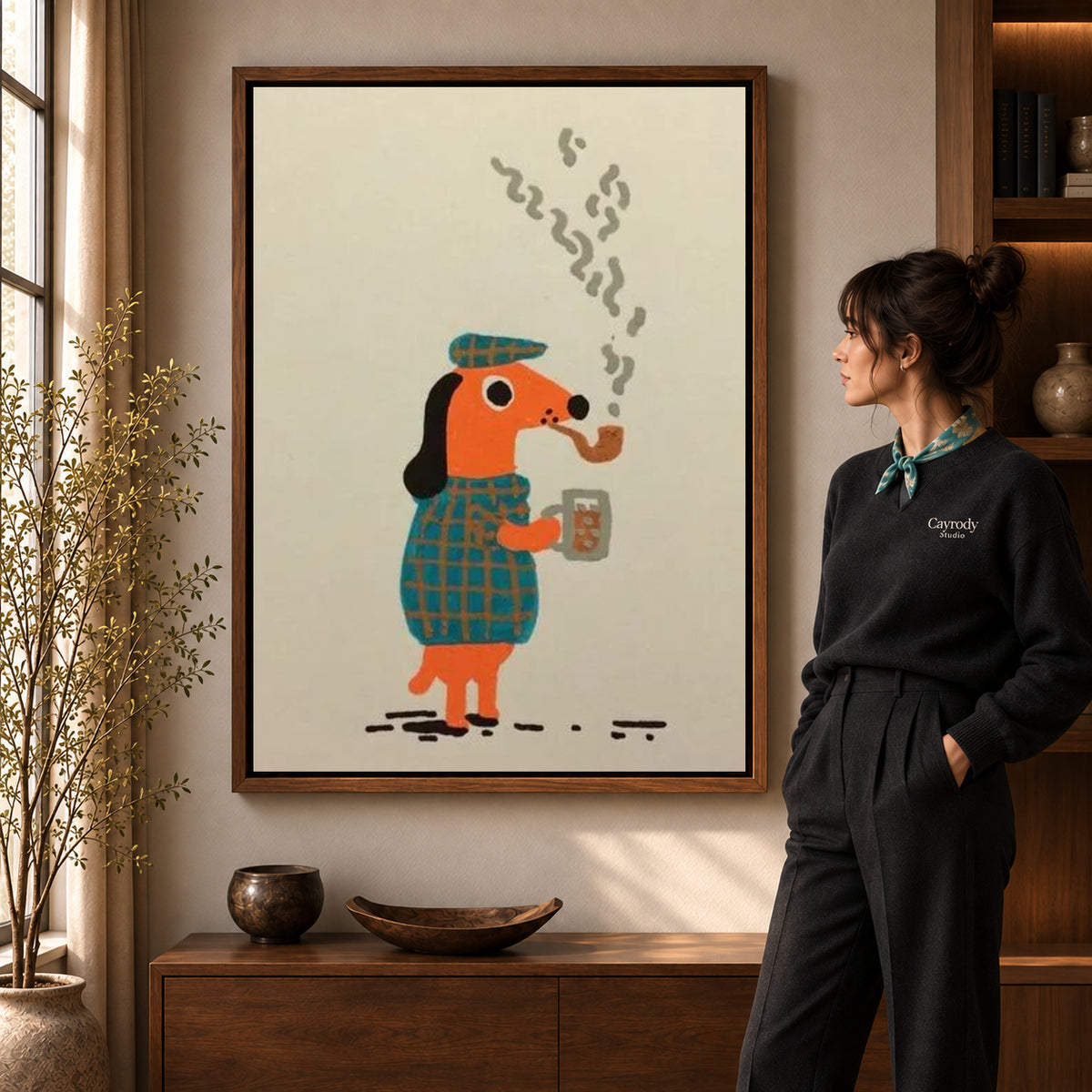 plaid pipe companion canvas art shown in the walnut frame option within a warm living room.