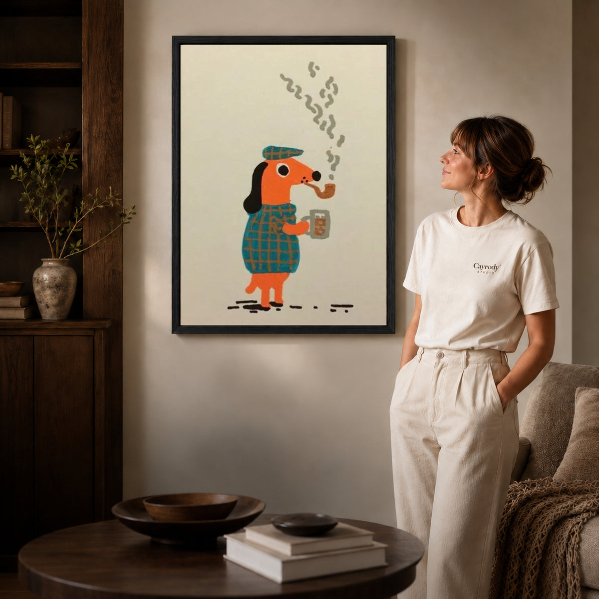 plaid pipe companion canvas art shown in the black frame option against a softly lit wall.