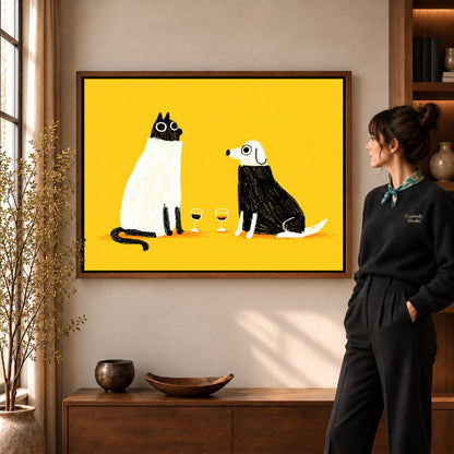 blanket wine companions canvas art in a walnut frame beside a standing woman and wooden console.