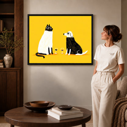 blanket wine companions canvas art shown in the black frame option against a softly lit wall.