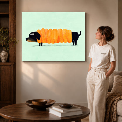 accordion dachshund canvas art on gallery-wrapped canvas with visible edge depth beside a standing woman.