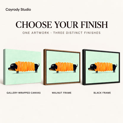 accordion dachshund canvas art compared across gallery-wrapped canvas, walnut frame, and black frame finishes.