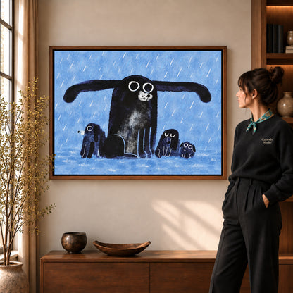 sheltering dog family canvas art in a walnut frame beside a standing woman and wooden console.