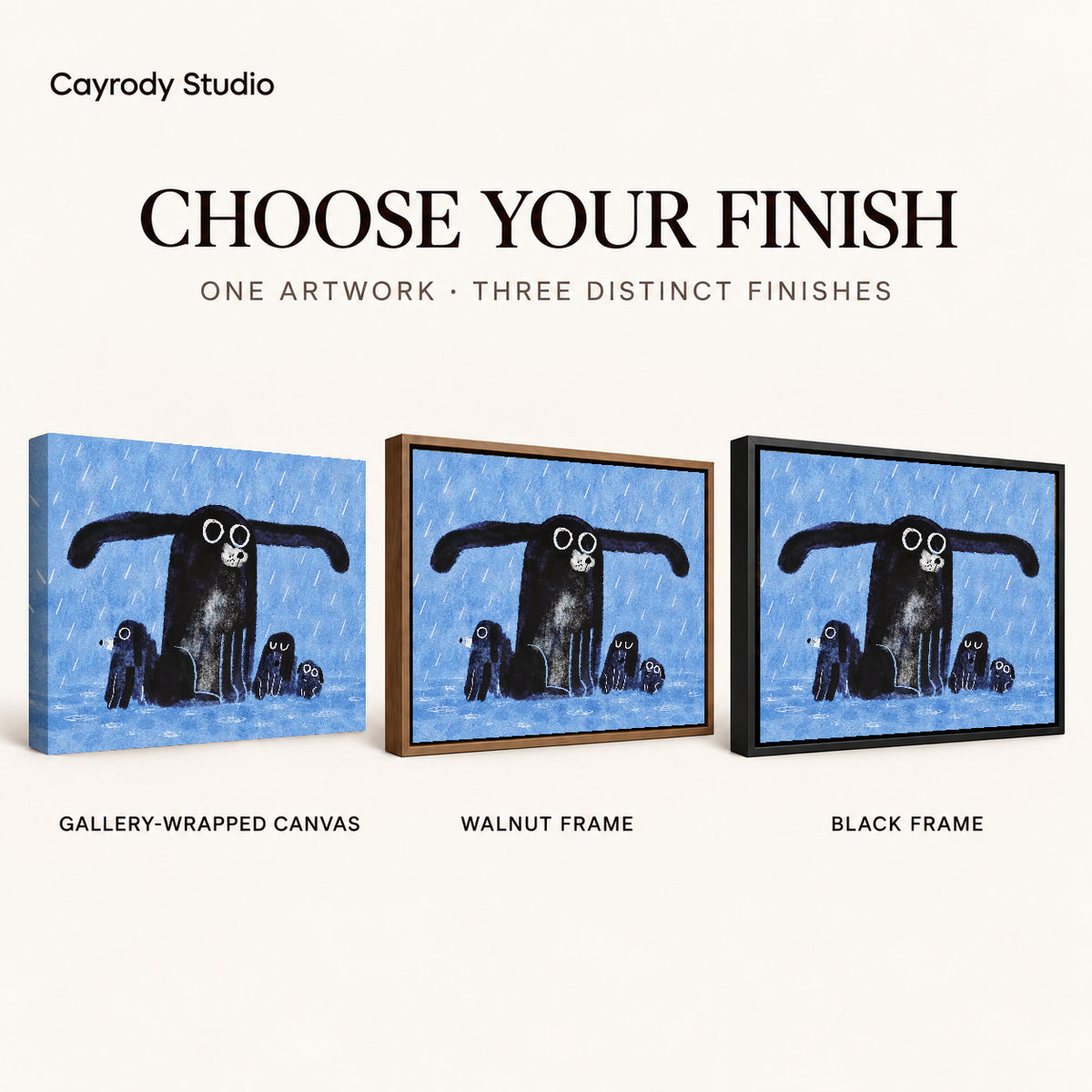 sheltering dog family canvas art compared across gallery-wrapped canvas, walnut frame, and black frame finishes.