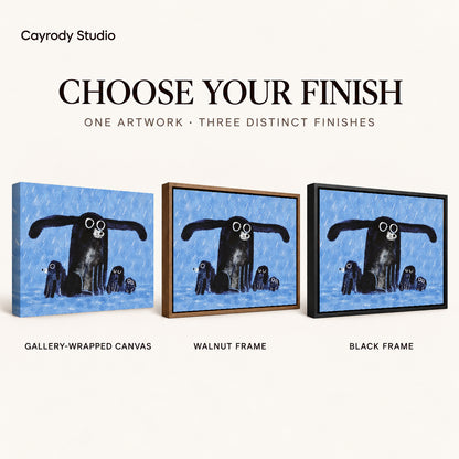 sheltering dog family canvas art compared across gallery-wrapped canvas, walnut frame, and black frame finishes.