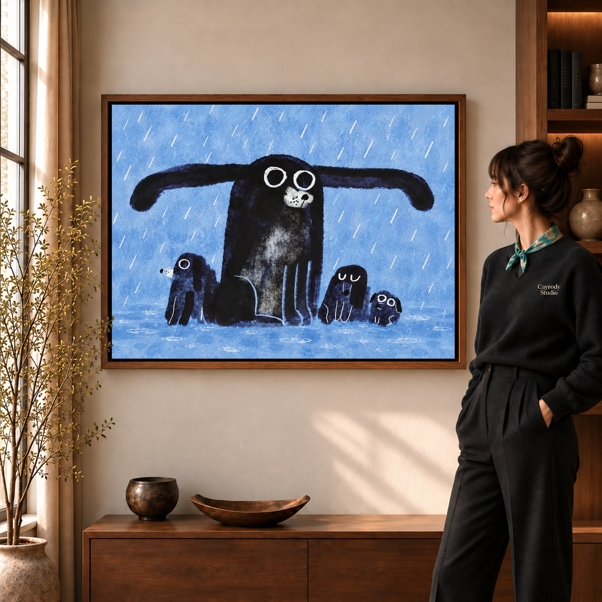 sheltering dog family canvas art shown in the walnut frame option within a warm living room.