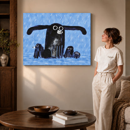 sheltering dog family canvas art shown in the gallery-wrapped option with natural side shading and warm surroundings.