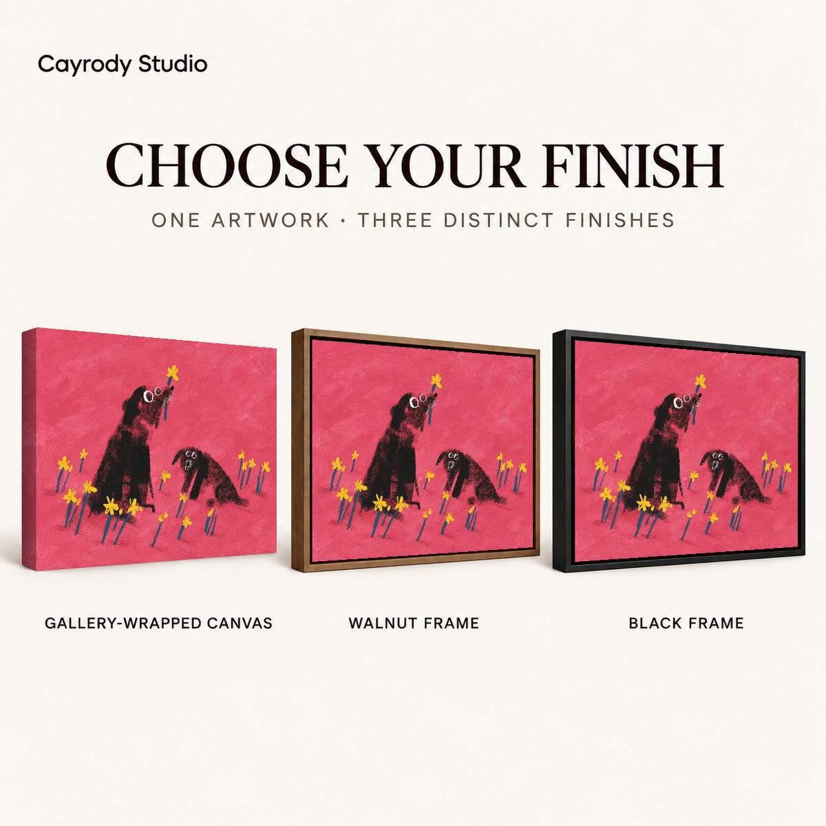 dogs among daffodils canvas art compared across gallery-wrapped canvas, walnut frame, and black frame finishes.