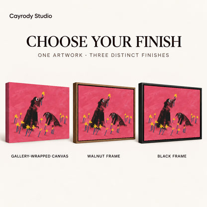 dogs among daffodils canvas art compared across gallery-wrapped canvas, walnut frame, and black frame finishes.