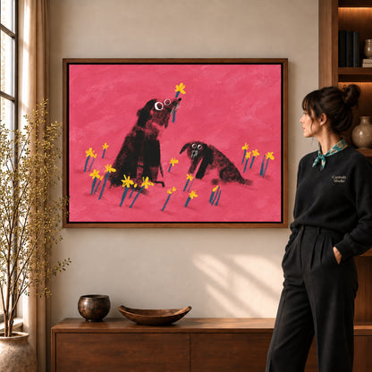 dogs among daffodils canvas art shown in the walnut frame option within a warm living room.