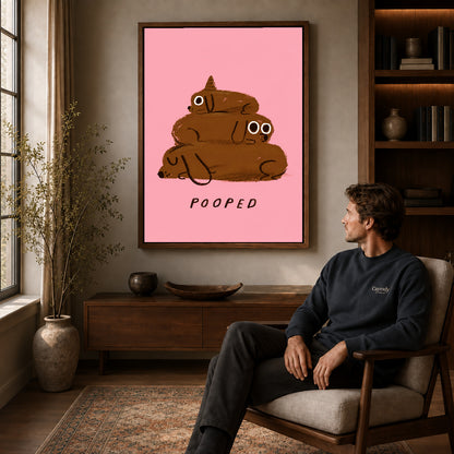 pooped puppy stack canvas art in a walnut frame above a console beside a seated man.