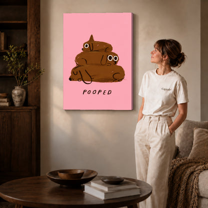 pooped puppy stack canvas art on gallery-wrapped canvas with natural edge shading beside a standing woman.