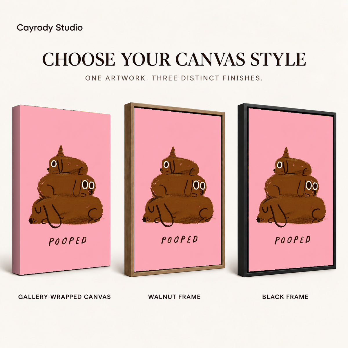 pooped puppy stack canvas art compared across gallery-wrapped canvas, walnut frame, and black frame finishes.