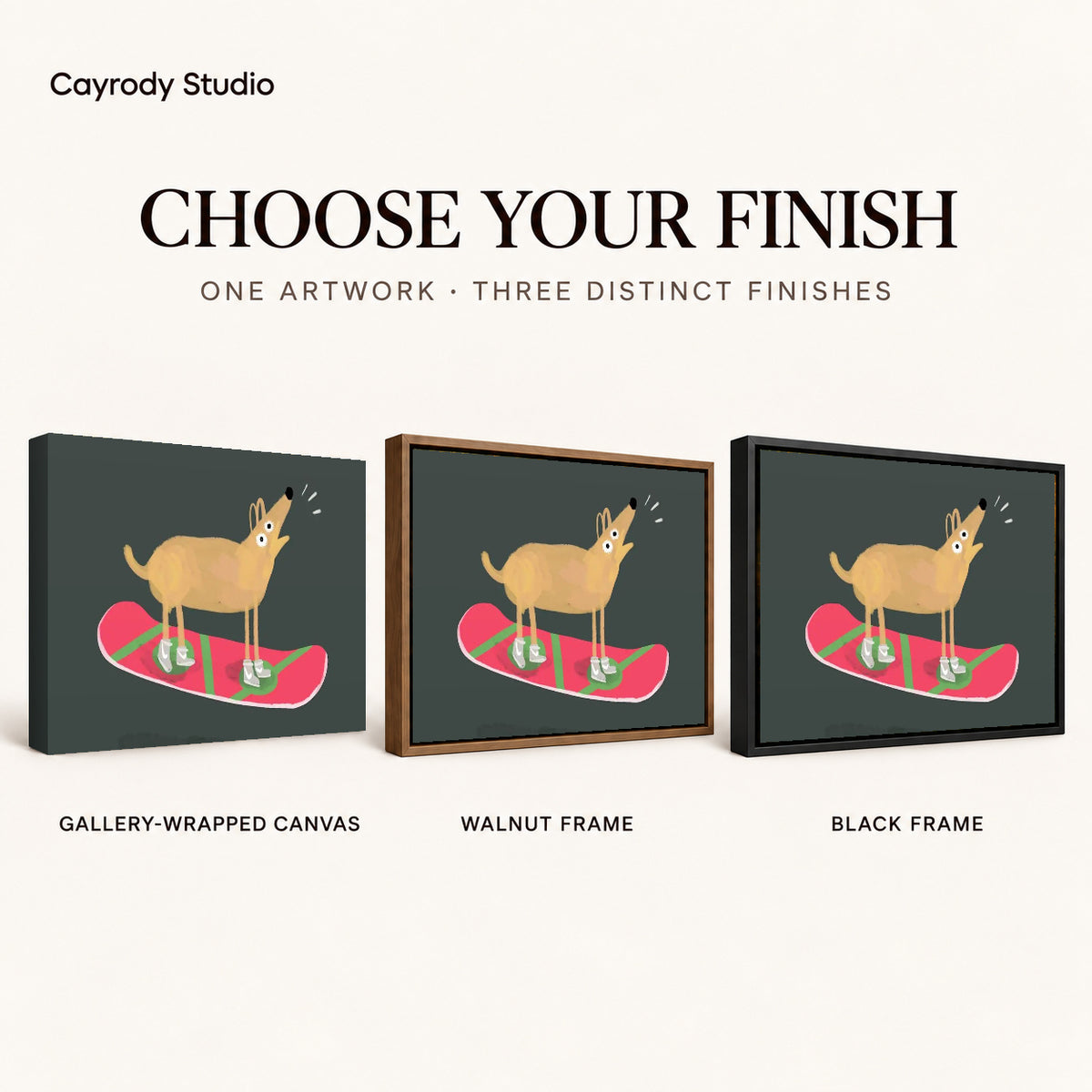 snowboard dog adventure canvas art compared across gallery-wrapped canvas, walnut frame, and black frame finishes.