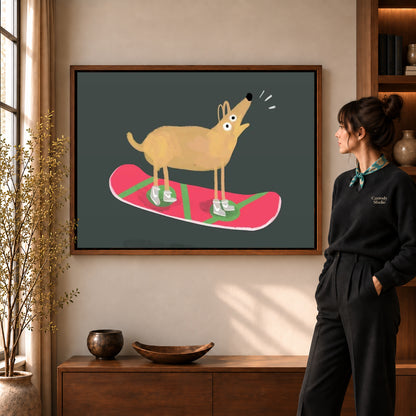 snowboard dog adventure canvas art shown in the walnut frame option within a warm living room.
