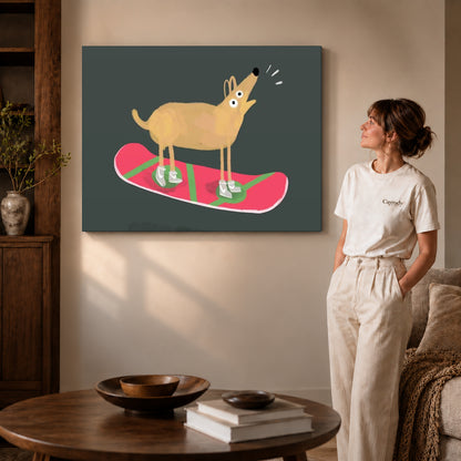 snowboard dog adventure canvas art shown in the gallery-wrapped option with natural side shading and warm surroundings.