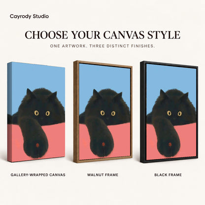 ladybug paw pause canvas art compared across gallery-wrapped canvas, walnut frame, and black frame finishes.