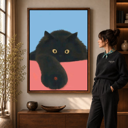 ladybug paw pause canvas art shown in the walnut frame option within a warm living room.