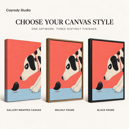 dog meets tiny bird canvas art compared across gallery-wrapped canvas, walnut frame, and black frame finishes.