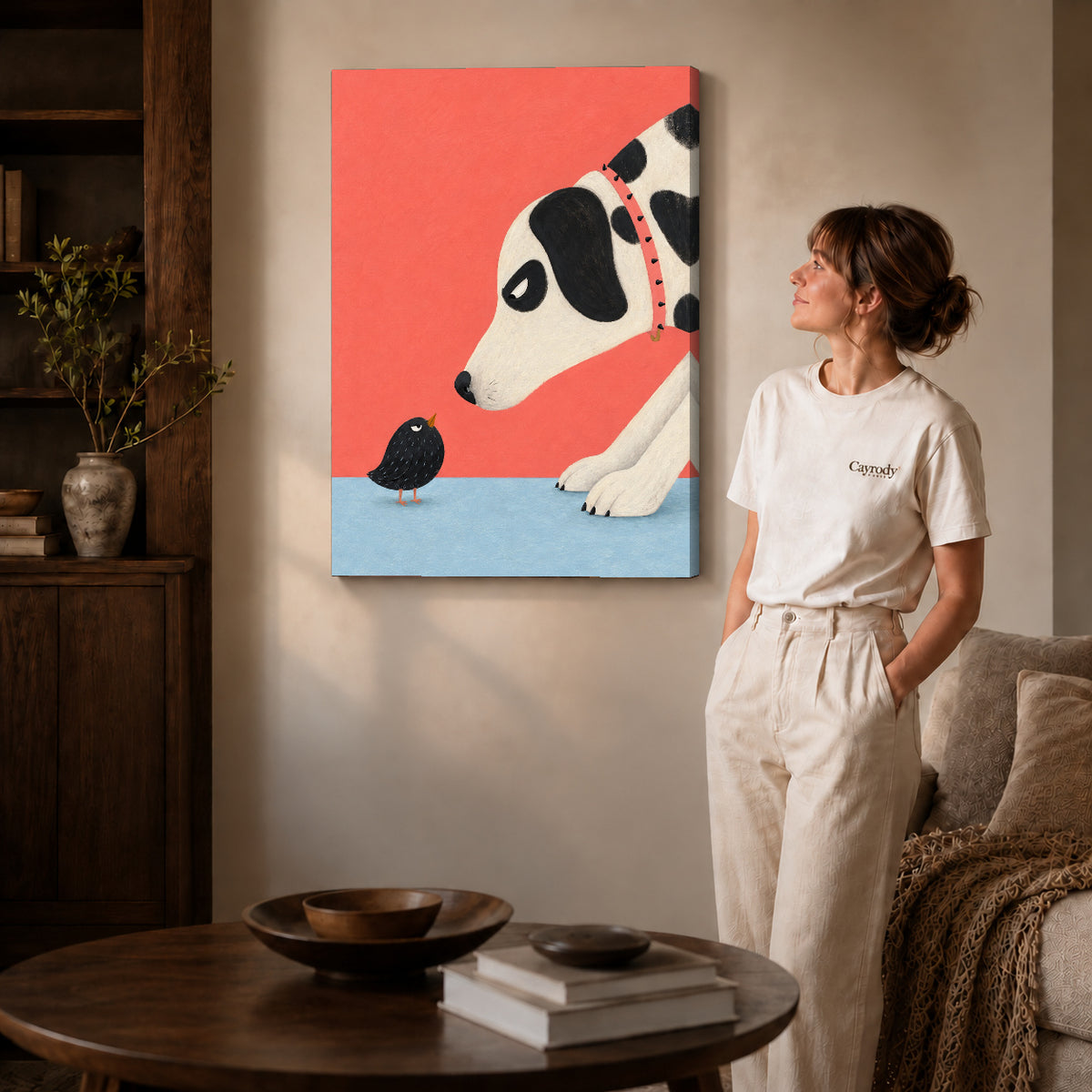 dog meets tiny bird canvas art shown in the gallery-wrapped option with visible depth and warm surroundings.