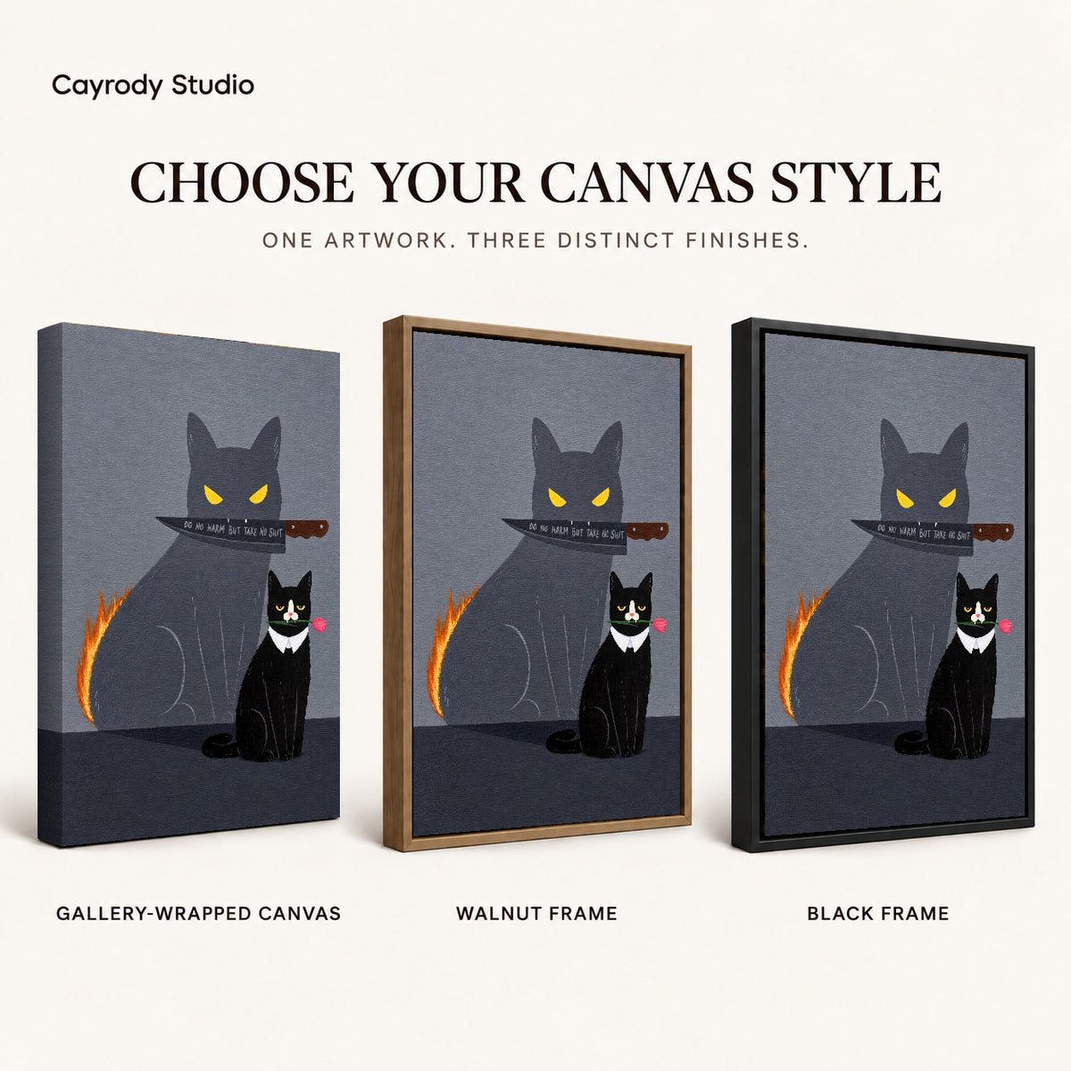 rose cat bold shadow canvas art compared across gallery-wrapped canvas, walnut frame, and black frame finishes.