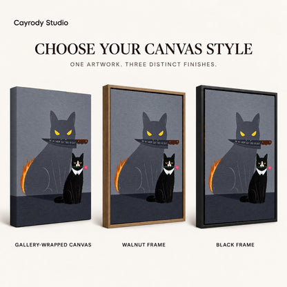 rose cat bold shadow canvas art compared across gallery-wrapped canvas, walnut frame, and black frame finishes.