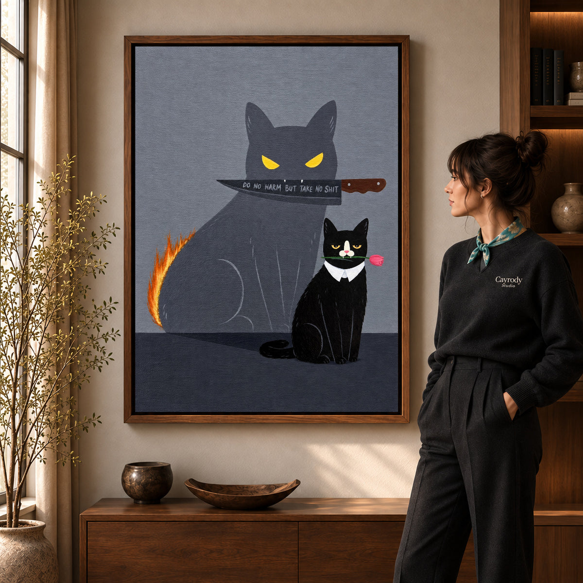 rose cat bold shadow canvas art shown in the walnut frame option within a warm living room.