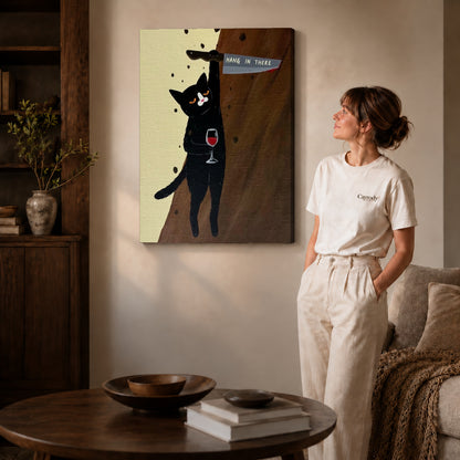 hang in there cat canvas art on gallery-wrapped canvas with natural edge shading beside a standing woman.