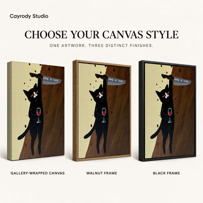 hang in there cat canvas art compared across gallery-wrapped canvas, walnut frame, and black frame finishes.