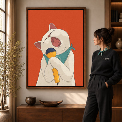 singing cat serenade canvas art in a walnut frame beside a standing woman and wooden console.