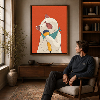 singing cat serenade canvas art in a walnut frame above a console beside a seated man.