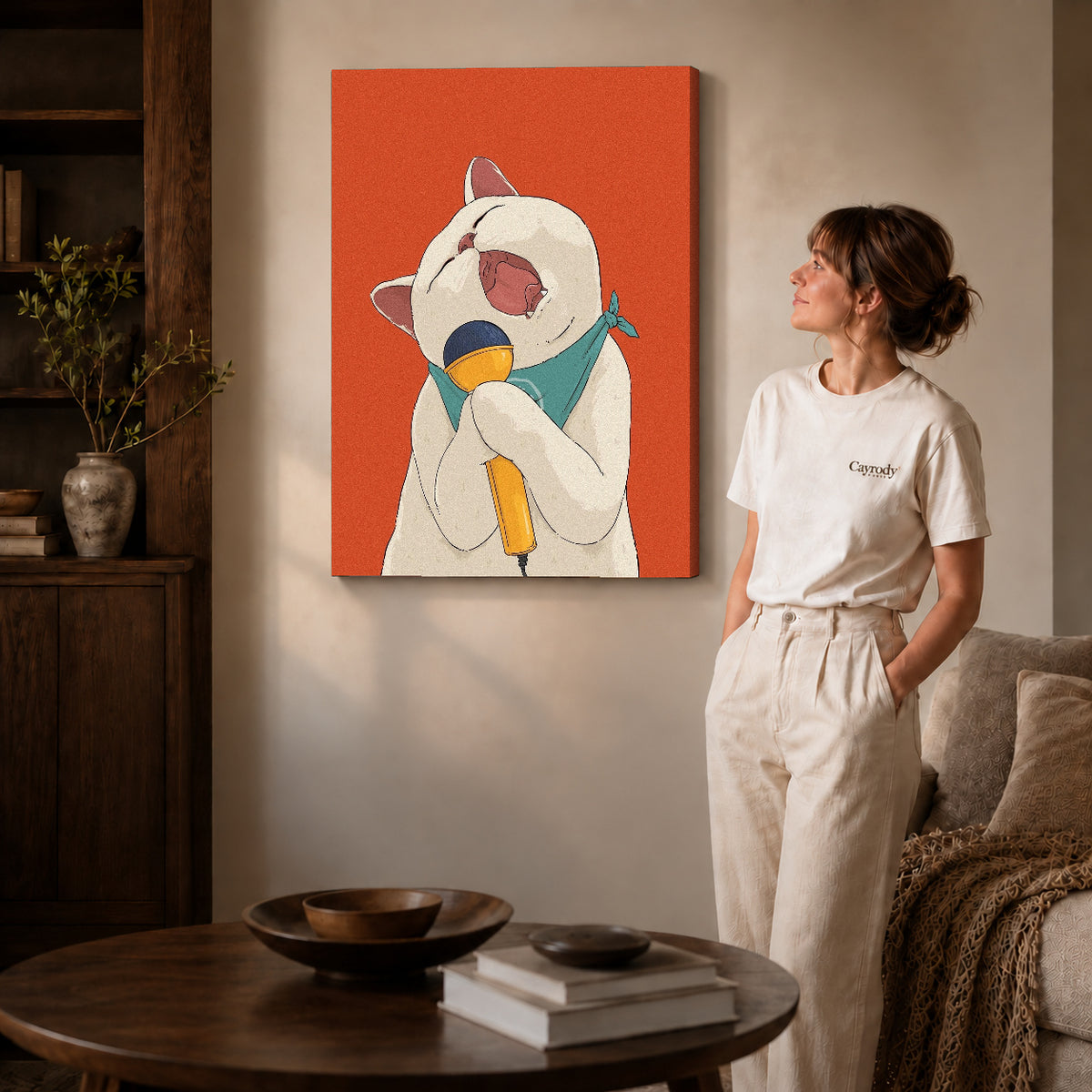 singing cat serenade canvas art on gallery-wrapped canvas with natural edge shading beside a standing woman.
