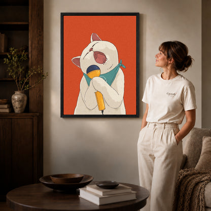 singing cat serenade canvas art in a black frame beside a woman and round wooden table.