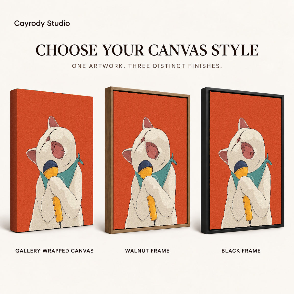 singing cat serenade canvas art compared across gallery-wrapped canvas, walnut frame, and black frame finishes.
