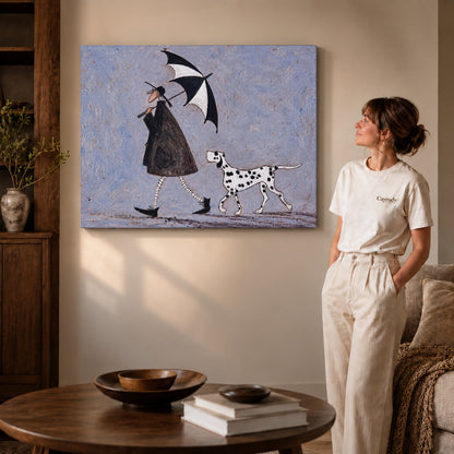 umbrella walk companions canvas art on gallery-wrapped canvas with visible edge depth beside a standing woman.